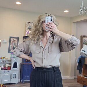 Diane Von Furstenberg Silky Button Up  Rolled Up Sleeves Panel Front Size M